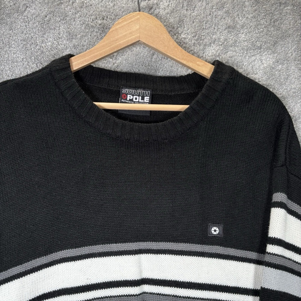 Vintage Southpole Sweater Mens XL Black Knit Striped Crewneck Skater Grunge Y2K